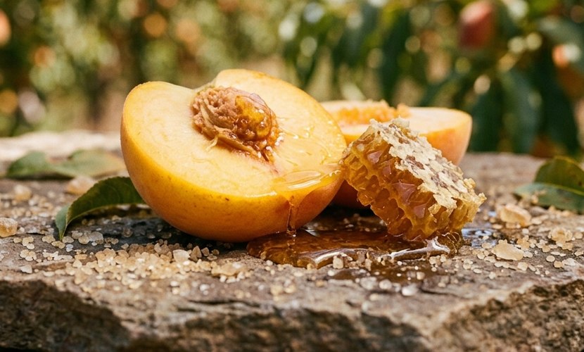Sweet fragrance family: split peach, honeycomb and sugar on a stone in an orchard
