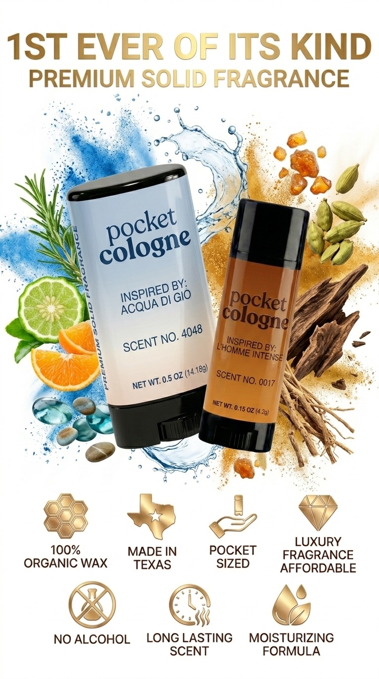 Pocket Cologne premium solid fragrance: 100% organic wax, made in Texas, pocket sized, luxury fragrance affordable, no alcohol, long lasting scent, moisturizing formula