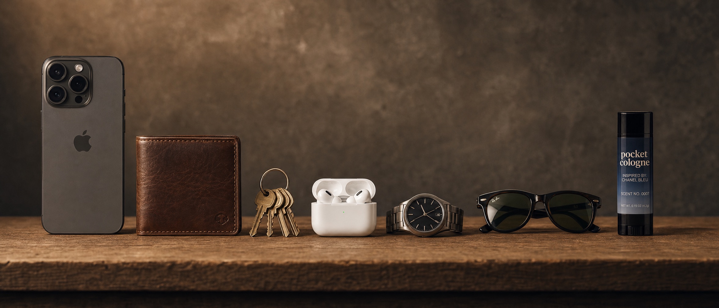 Pocket Cologne lined up with a phone, wallet, keys, earbuds, watch, and sunglasses on a wood shelf