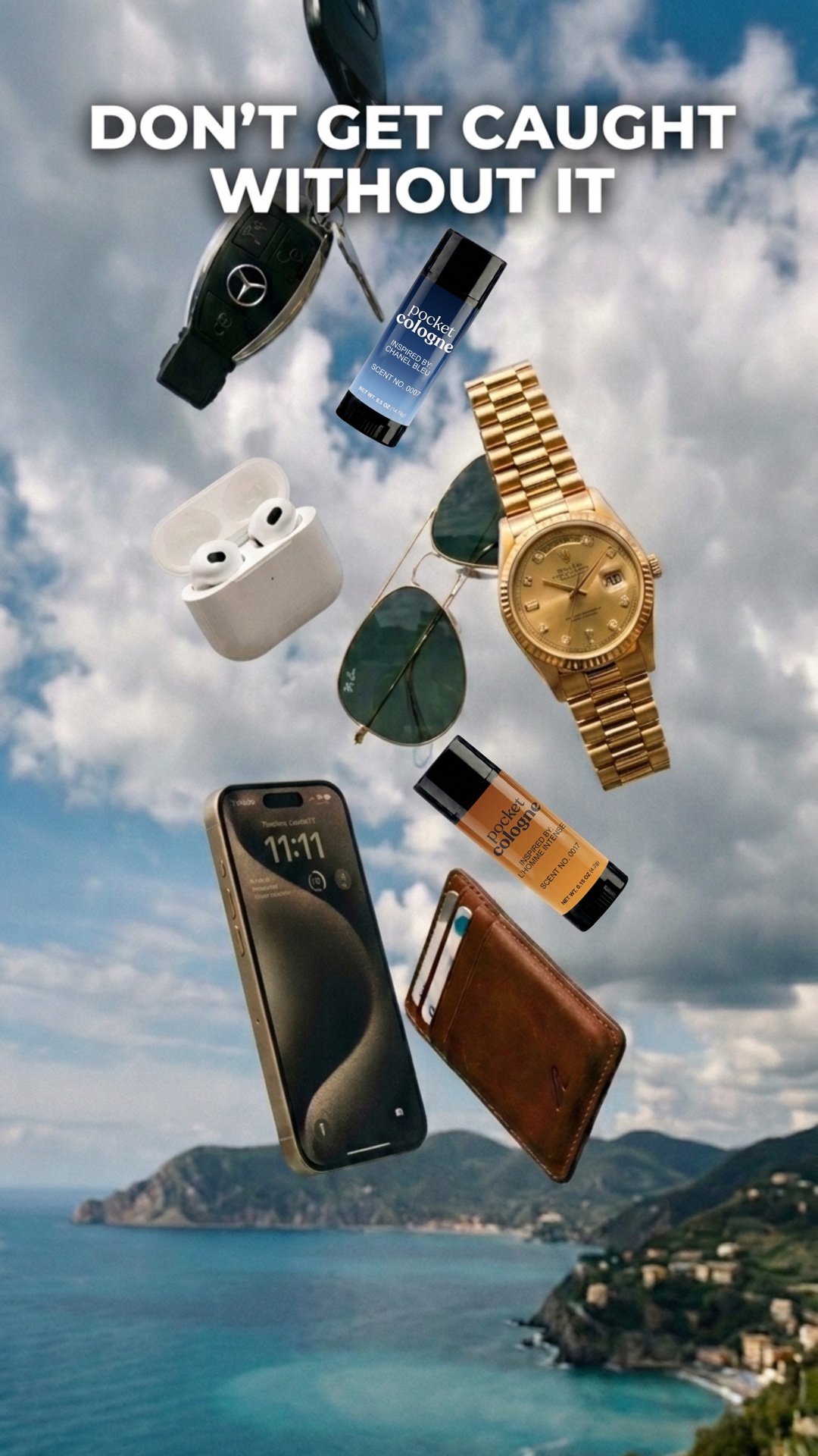 Don't get caught without it: Pocket Cologne with a Mercedes key, AirPods, sunglasses, watch, phone, and wallet