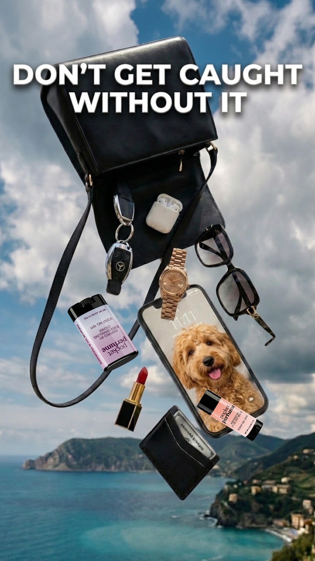 Don't get caught without it: Pocket Perfume with a handbag, AirPods, sunglasses, watch, phone, lipstick, and card wallet