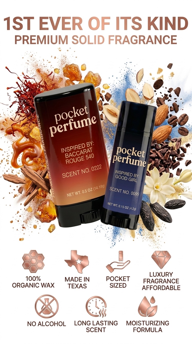 Pocket Perfume premium solid fragrance: 100% organic wax, made in Texas, pocket sized, luxury fragrance affordable, no alcohol, long lasting scent, moisturizing formula