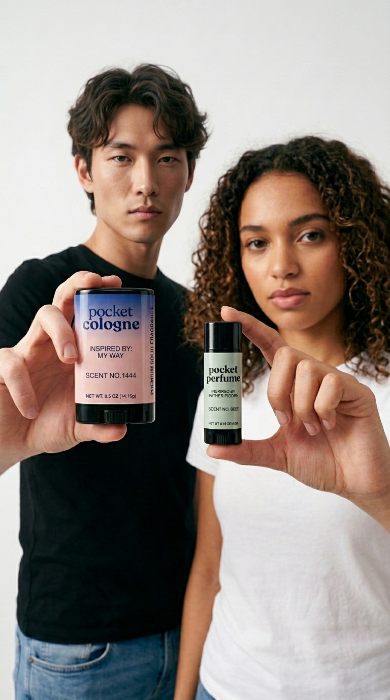 Two models holding Pocket Cologne and Pocket Perfume solid fragrances