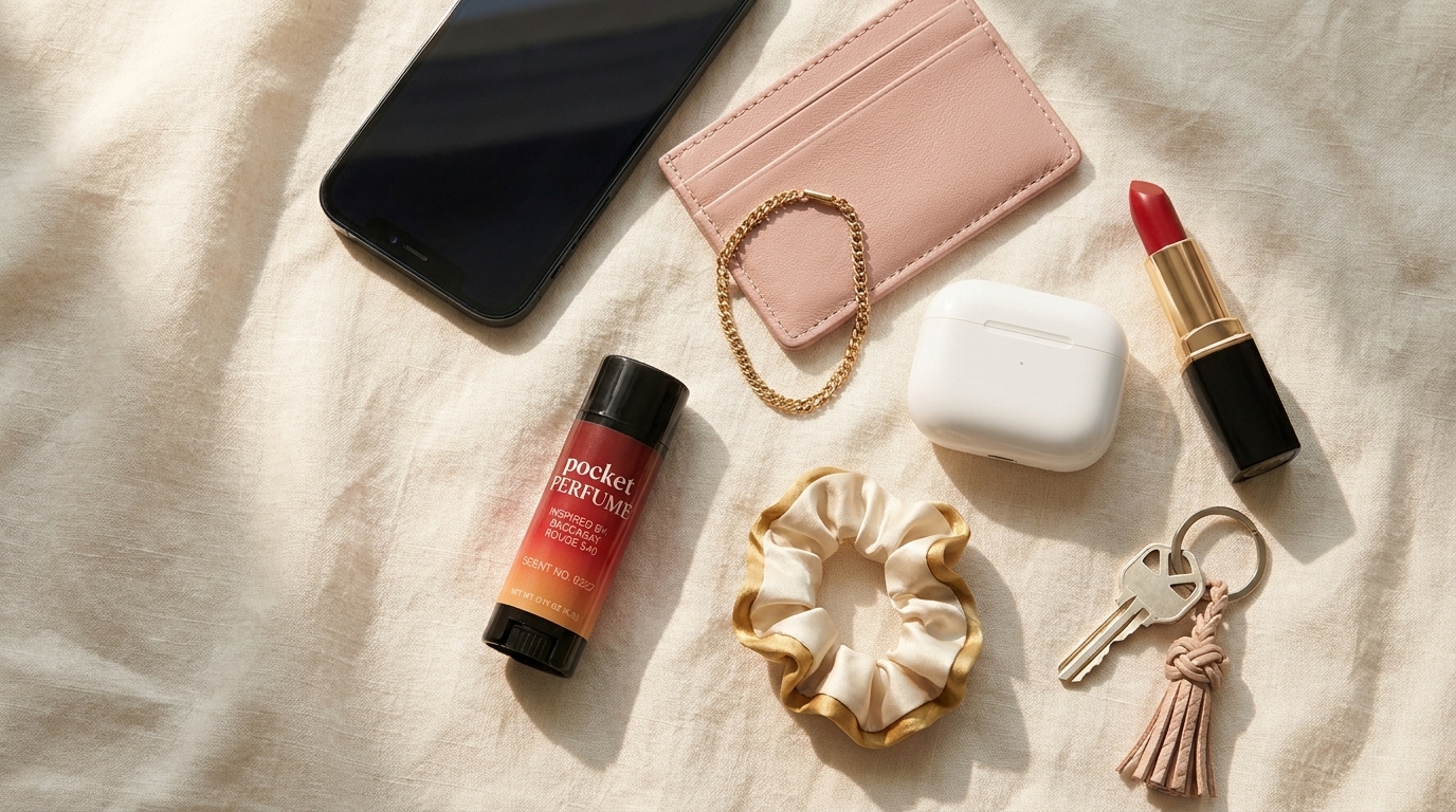 Pocket Perfume stick in an everyday carry flat lay