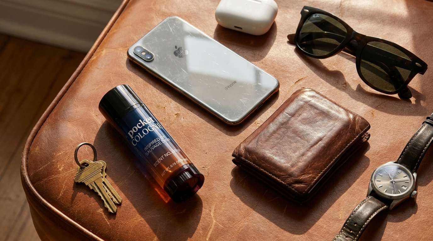 Pocket Cologne stick in an everyday carry flat lay
